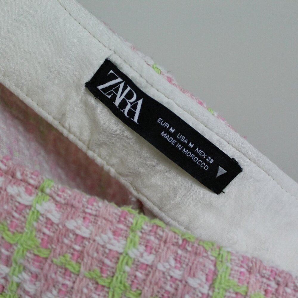 Zara Pink Green Plaid Tweed Skort Mini Skirt Preppy Tennis Style Size M - Picture 8 of 10